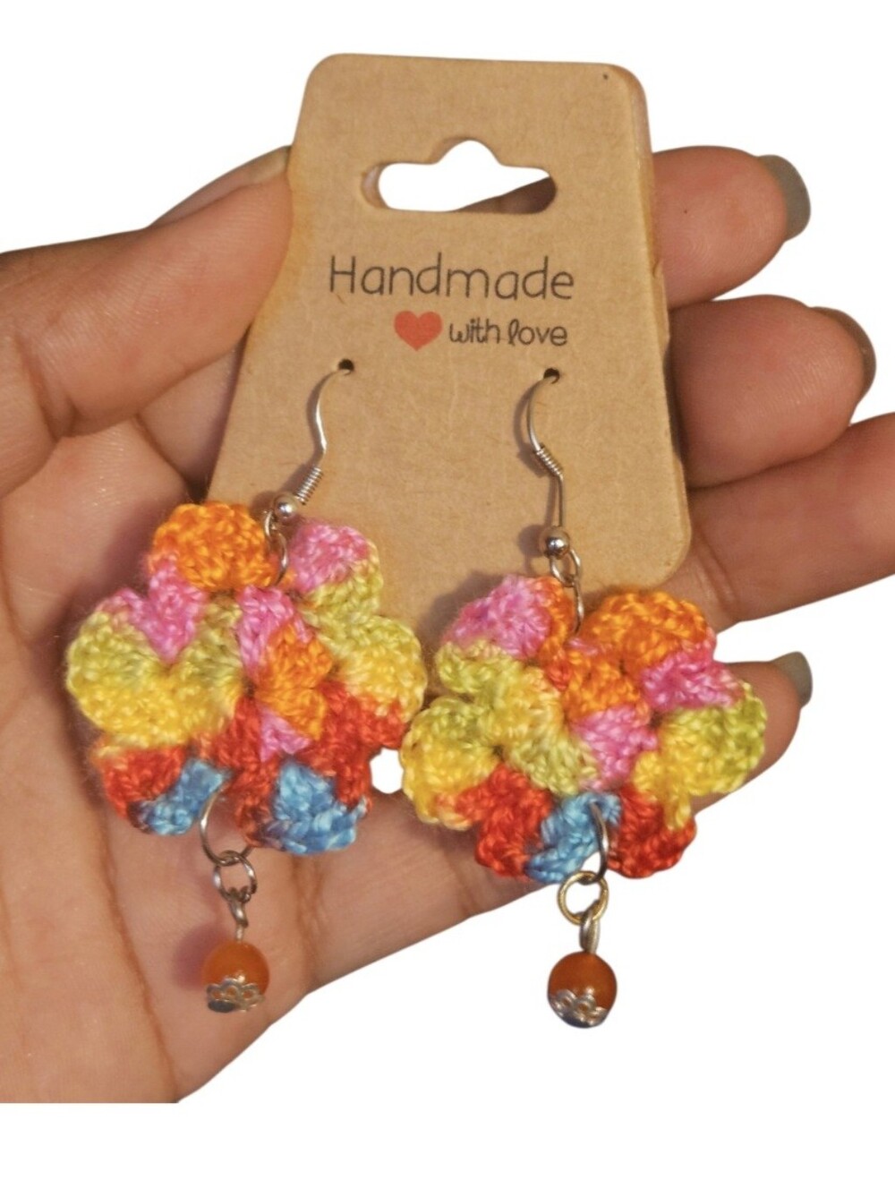 Rainbow Crochet Flower Earrings Artisan Fiber Art Summer Festival Jewelry